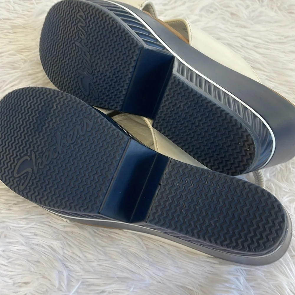 Skechers White and Navy Blue Wedge Sandals with Modern Design WOMENS SIZE 10